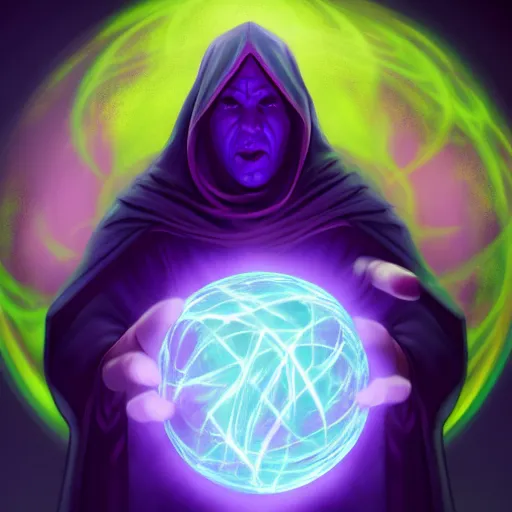 Prompt: a warlock is casting a magic spell, while magic orb is floating in his hand, the magic orb emit a purple vapour, dynamic pose, chromatic aberration , medium level shot, Mucha style , Grim fantasy, illustration ,digital painting, concept art,