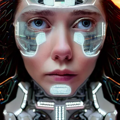 Image similar to beautiful centered Fine art photo portrait of enraptured Elizabeth Olsen as a solarpunk robotic humanoid, white mechanical parts with led lights, photorealistic, white background, highly detailed and intricate, sunset lighting, HDR 8k