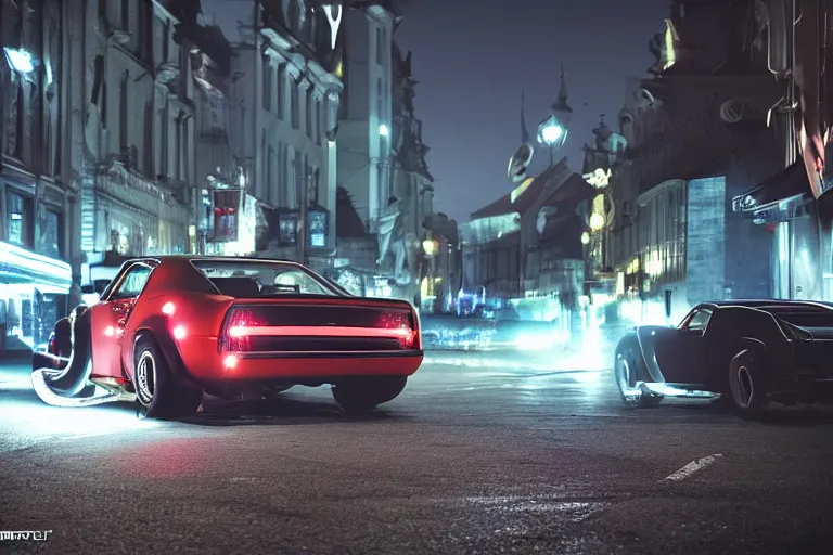 Image similar to widebody audi camaro b 1 ( 1 9 6 9 ), need for speed : carbon, at night, sci - fi, neon lines, lviv historic centre, phonk music background, smoke behind wheels, noise, dark, establishing shot, by simon stalenhag