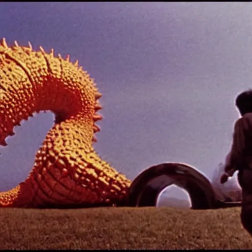 Image similar to a couple escaping from a giant Kaiju Starfish Monster over a traditional Korean village, minimal cinematography by Akira Kurosawa, movie filmstill, film noir, thriller by Kim Jong-il and Shin Sang-ok