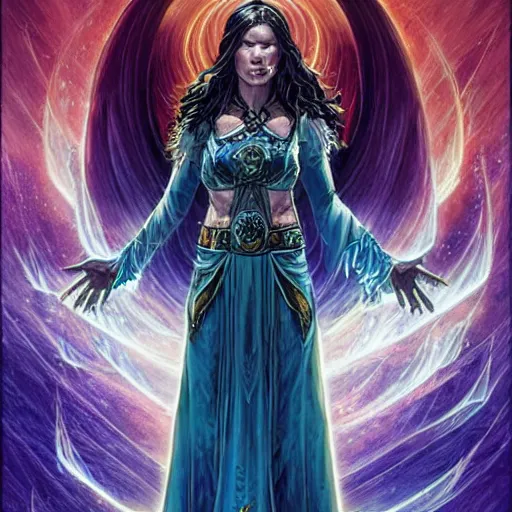 Image similar to evangeline Lilly as a priestess calling down thunder, symmetrical, smooth, sharp focus, art by magali villeneuve and art germ, concept art, very high quality