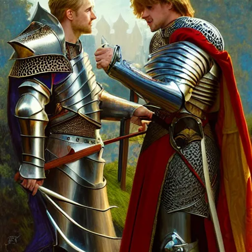 Image similar to attractive arthur pendragon and his favourite attractive male knight, they are in love, camelot, natural lighting, path traced, highly detailed, high quality, digital painting, by gaston bussiere and ross tran and j. c. leyendecker and alphonse mucha