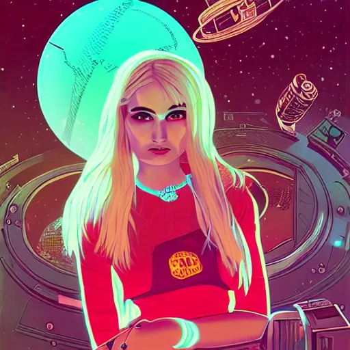 Image similar to a highly detailed and accurate pulp portrait of kim petras in space, 1 9 7 0 s, space station, neon light, delicate embellishments, woman art, painterly, offset printing technique