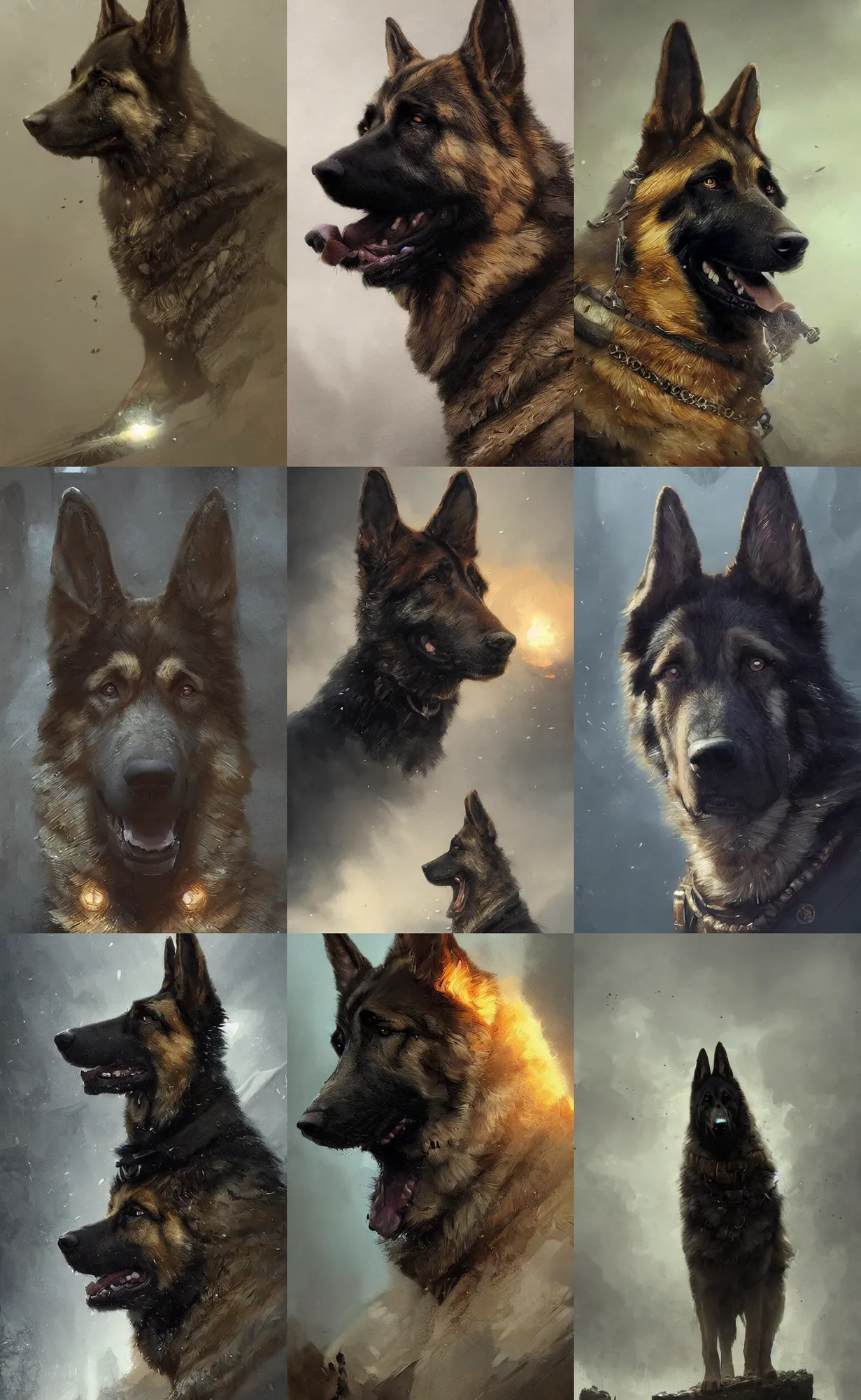 Prompt: a stoic german shepherd, concept art, detailed face, fantasy, highly detailed, cinematic lighting, digital art painting by greg rutkowski