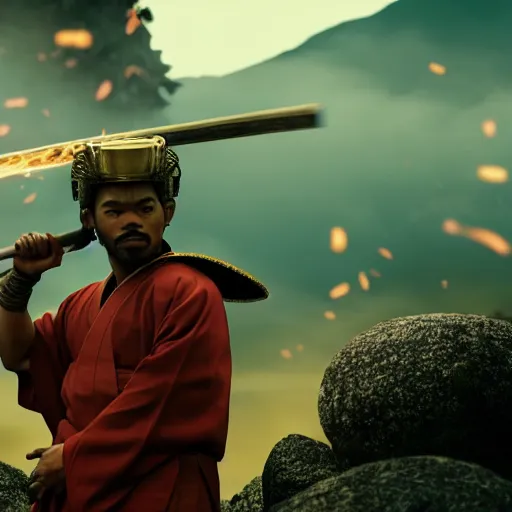 Image similar to cinematic film still of Chance The Rapper starring as a Samurai holding fire, Japanese CGI, VFX, 2022, 40mm lens, shallow depth of field, film photography