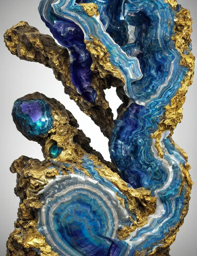 Image similar to a sculpture of a winged child made from blue and emerald and amethyst crystal geode formations with flowing marble water with obsidian base with liquid gold tendrils flowing by carlo maria mariani by stanisław szukalski, tesseract!!!, octane render, byzantine, spirals, elestial crystals, geode,