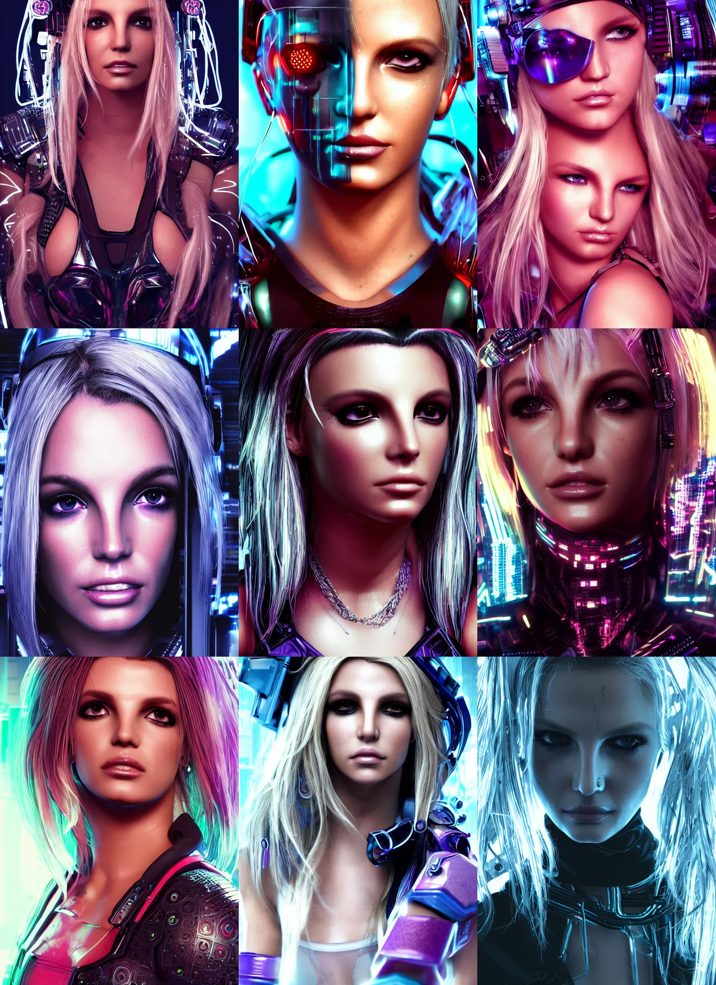 Prompt: cyberpunk portrait of beautiful cyber Britney Spears, Britney Spears, cyberpunk, photorealistic, octane render, beautiful eyes, 35mm, coherent, intricate, 4k, intricate details, concept art, studio lighting, trending or artstation, award winning, hyperrealistic, 8k, hd