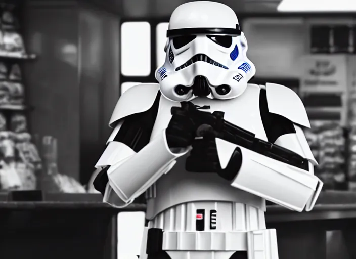 Image similar to film still of a storm trooper holding a cup of coffee in a convenience store in the new Star Wars movie, 4k, black and white