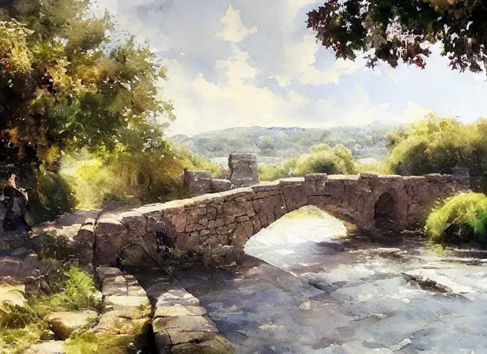 Image similar to watercolor of rustic stone bridge with mural, ivy, summer daylight, bright clear day, clouds, high detailed art by dennis miller bunker, work by anders zorn, wonderful masterpiece by greg rutkowski, beautiful cinematic light, american romanticism by greg manchess, creation by tyler edlin