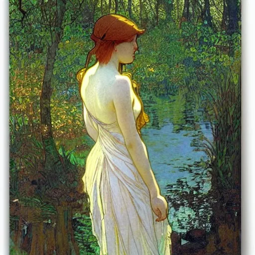 Prompt: a beautiful painting of the back view of a young lady washing her long hair by the river in a grown forest, sunlight reflected on the river, Celtic, by Mucha