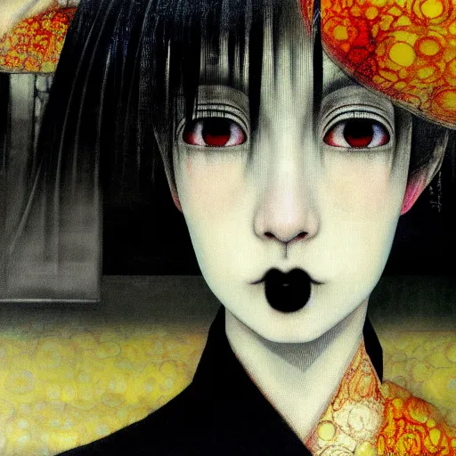 Image similar to yoshitaka amano blurred and dreamy realistic three quarter angle portrait of a young woman with black lipstick and black eyes wearing dress suit with tie, junji ito abstract patterns in the background, satoshi kon anime, noisy film grain effect, highly detailed, renaissance oil painting, weird portrait angle, blurred lost edges