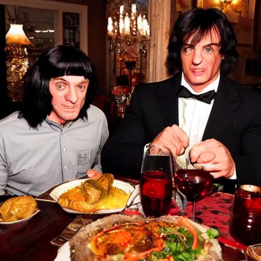 Prompt: lord farquad having a lovely dinner with sylvester stallone