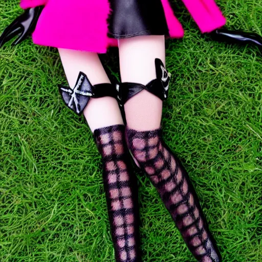 Image similar to barbie doll, black color, club suit, high heels, leather bunny costume bodysuit, playboy, rabbit ears, plaid tights, full length, raspberry banana color, lace