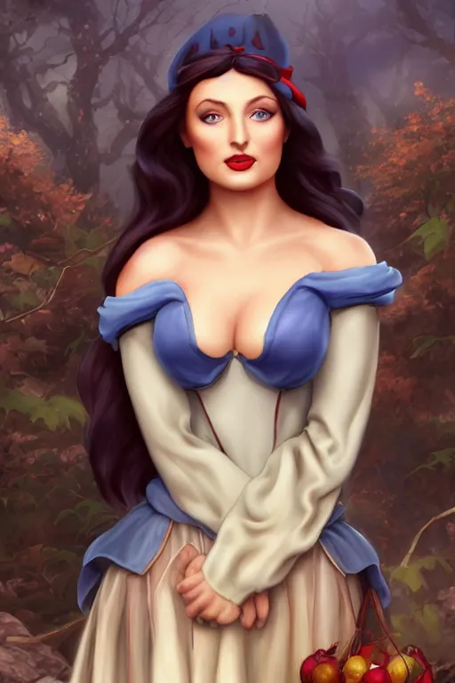 Prompt: matte painting of sophie turner as snow white, by artgerm