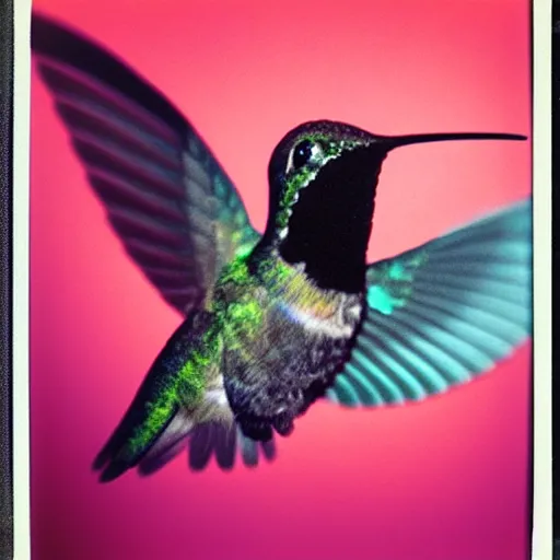 Image similar to close-up shot of a hummingbird wearing a hoodie in the 80s, at the party, colourful Polaroid photo, by Warhol