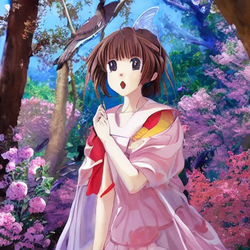 Prompt: Sakura from Cardcaptor Sakura walks around in a short summer dress among endemic plants and snags in a long transparent flowing dress and meets mystical animals, mystical insects, mystical birds, lizards, gorgeous, intricate, in the style of Jin Kagetsu, James Jean and wlop, Valentin Serov style, hyperrealistic, sharp focus, intricate concept art, digital painting, ambient lighting, 4k, hdt, artstation trending on Gsociety, trending on ArtstationHQ, trending on deviantart, professionally post-processed, wide-angle action dynamic portraithyperdetailed, hyper quality, 16K