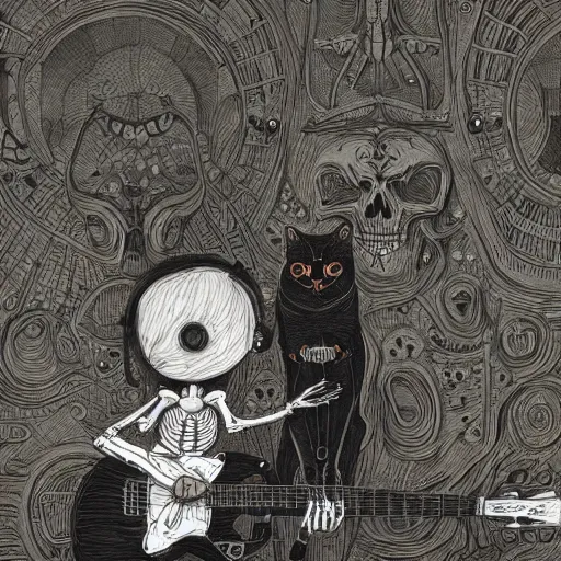 Image similar to skeleton wearing headphones, watching girl playing guitar while her black cat standing next to her, detailed intricate ink illustration, dark atmosphere, detailed illustration, hd, 4k, digital art, overdetailed art, by greg rutkowski, by loish, complementing colors, Trending on artstation