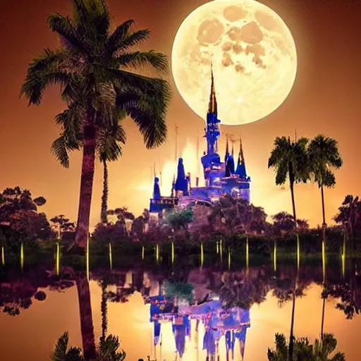 Image similar to the disney castle surrounded by giant palm trees on a giant floating island in the sky at night, a huge moon above the island illuminates the sky, cinematic, digital art by erik johansson, 8 k resolution, hyper detailed, hyper realistic, sharp focus, unreal engine 5