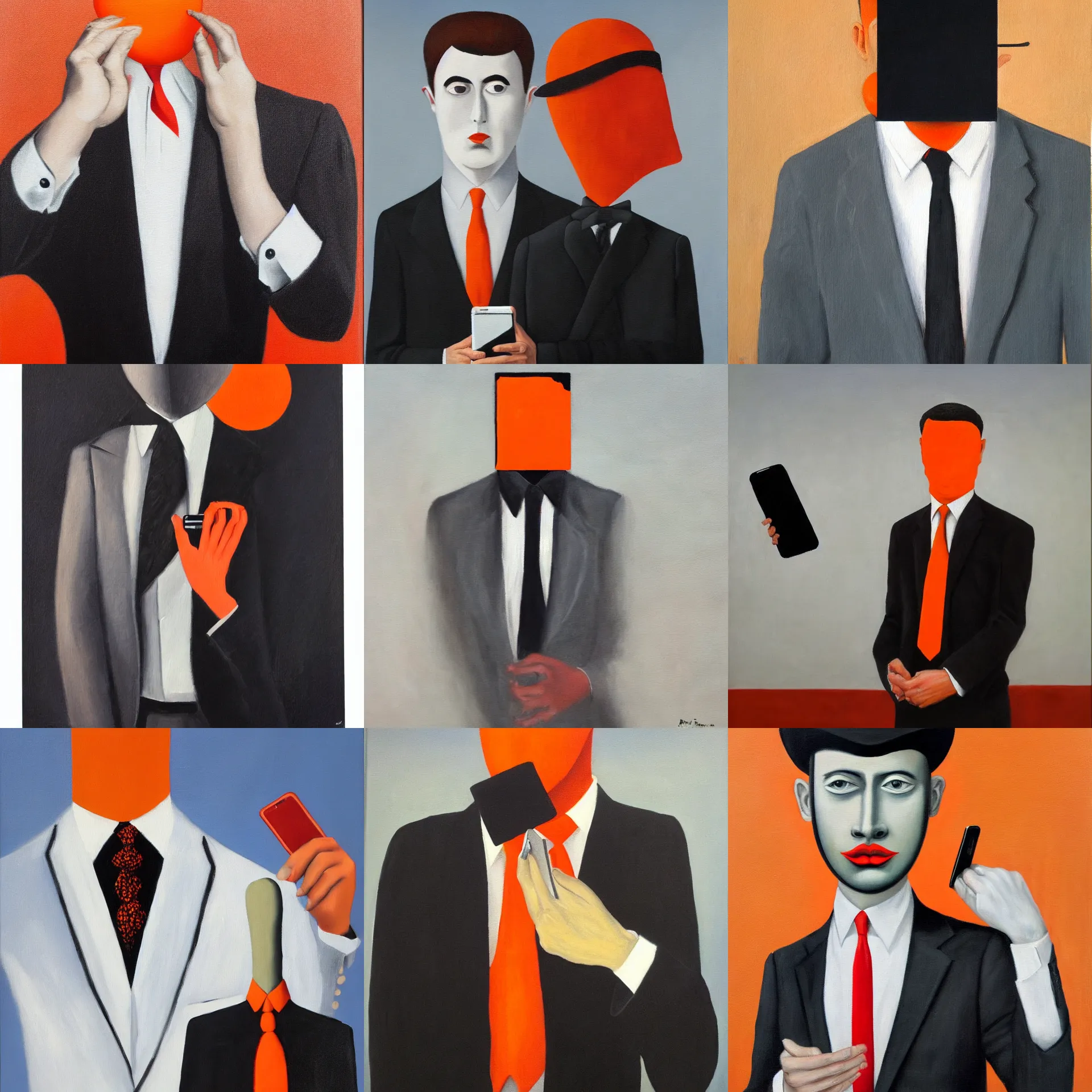 Prompt: front view oil painting of a man with a phone replacing his face, wearing black grey suit, white shirt, red tie, black pants, orange background, inspired by the son of man painted by rene magritte