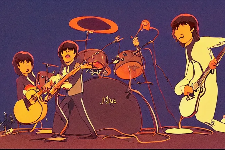 Prompt: mice playing in a rock band dressed as the beatles, beautiful, dreamlike, wholesome, ghibli and disney animation, sharp, intricated, art by ken anderson and mel shaw, 7 0 s, dramatic lighting, brown palette,