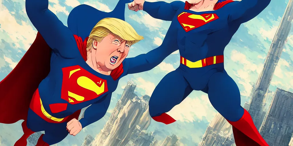 Prompt: donald trump as superman, art by makoto shinkai, studio ghibli, greg rutkowski, wlop, highly detailed, 4 k, digital art, high quality, studio portrait