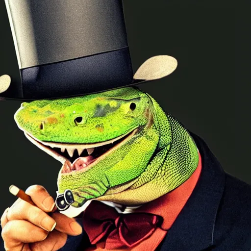 Image similar to Photo of a gecko in a top hat smoking a cigar, holding a martini