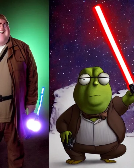 Image similar to Studio Photograph of a real life Peter Griffin from Family Guy dressed as Han Solo and Holding a glowing light saber, while standing next to him is the Alien Greedo holding a blaster gun, both photographed in the Style of Annie Leibovitz,