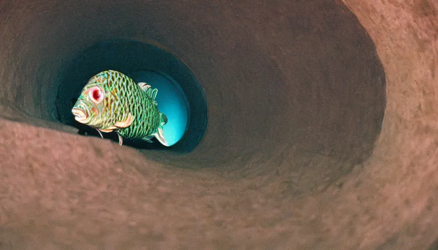 Prompt: 5 0 s movie still of a spiral fish with legs in a tunnel, cinestill 8 0 0 t 3 5 mm technicolor, heavy grain, high quality, high detail