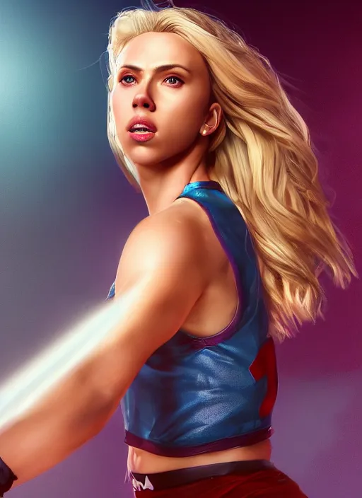 Image similar to fantasy comic book style portrait painting of an athletic Scarlett Johansson with blonde hair dancing, unreal 5, DAZ, hyperrealistic, octane render, cosplay, RPG portrait, dynamic lighting