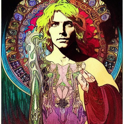 Image similar to “colorfull artwork by Franklin Booth and Alphonse Mucha and Moebius showing a portrait of Robert Plant”