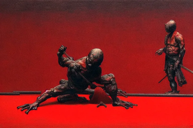 Image similar to only with red, a red samurai do seppuku, tokio, a lot of frogs watch, in the style of beksinski, parts by edward hopper, parts by rodcenko, parts by yue minjun, intricate and epic composition, red by caravaggio, insanely quality, highly detailed, masterpiece, red light, artstation, 4 k