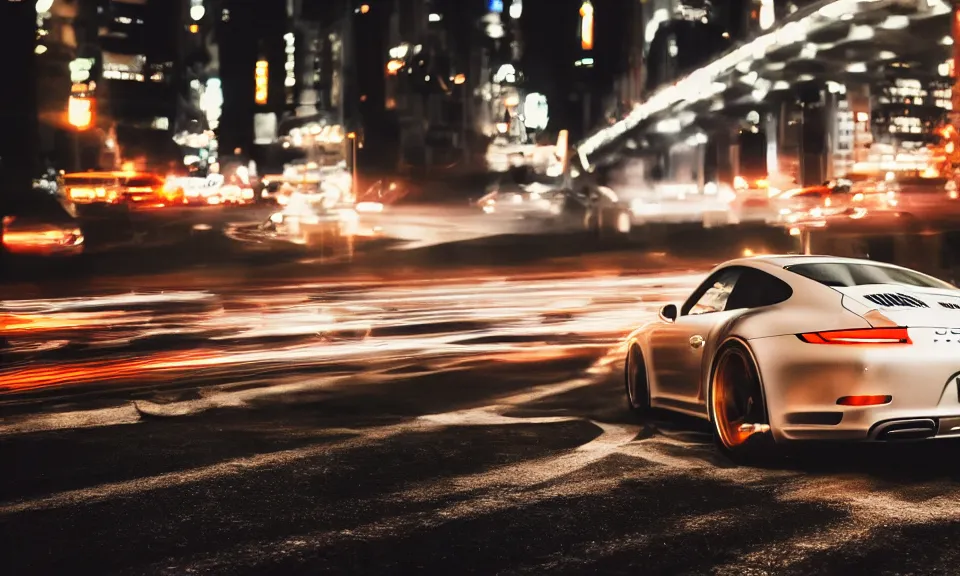 Image similar to photo of a porsche 911 at night drifting through a city, cinematic, 4k, long exposure photography, tokyo drift, fast and furious, film still, night photography, motion blur, lens flare, movie shot, light trail, distortion, wide angle