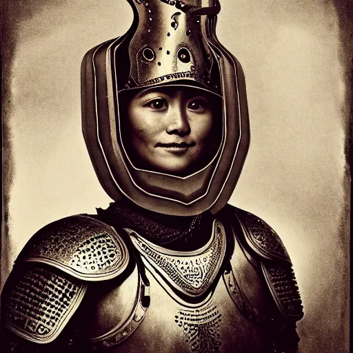 Prompt: prompt :! dream head and shoulders portrait of a female knight, quechua!, lorica segmentata, cuirass, tonalist, symbolist, realistic, ambrotype, baroque, detailed, modeled lighting, vignetting, indigo and venetian red, angular, smiling, eagle