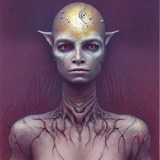 Prompt: portrait of ethereal goblin princess in golden armour by Beksinski