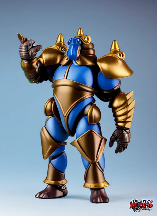 Image similar to Anthropmorphic hippo knight action figure from Micronauts, MOTU, symmetrical details, by Hasbro, Playmates Toys, Don Bluth, tfwiki.net photography, product photography, official media