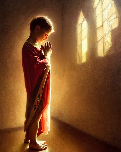 Image similar to poor hungry kid praying to a cross, emotional sad painting, very poor, cross, christianity, fantasy, cruel, dramatic lighting, intricate, wild, highly detailed, digital painting, artstation, concept art, smooth, sharp focus, illustration, art by artgerm and greg rutkowski and alphonse mucha