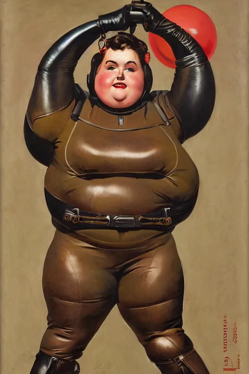 Image similar to 5 0 s pulp scifi fantasy illustration head and upper body portrait cheerful obese woman in leather spacesuit by norman rockwell, roberto ferri, daniel gerhartz, edd cartier, jack kirby, howard v brown, ruan jia, tom lovell, frank r paul, jacob collins, dean cornwell, astounding stories, amazing, fantasy, other worlds