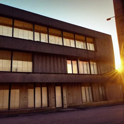 Prompt: Beautiful Photograph of a Brutalist socialist modernist Building, lowshot, golden-hour