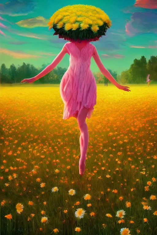 Image similar to giant daisy flower as head, girl dancing in a flower field, surreal photography, sunrise, dramatic light, impressionist painting, colorful clouds, digital painting, artstation, simon stalenhag