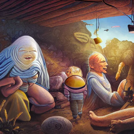 Image similar to primitive extraterrestrial villagers caring for severely injured butch blond woman at bedside, inside primitive hut, cinematic, worm's eye view, dramatic lighting, illustration, ron cobb, mike mignogna, science fiction, detailed painting, high detail, rough paper