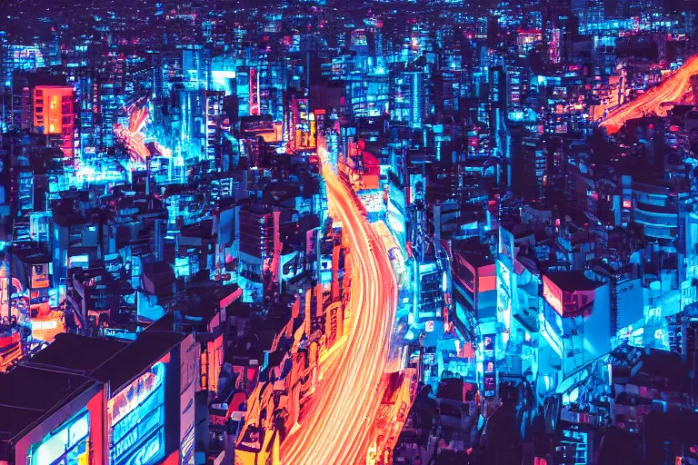 Image similar to aerial photo of neon tokyo street at night futuristic aesthetic matte painting, wallpaper, unsplash, colorful, style of aenami alena, neon blue color, vaporwave,