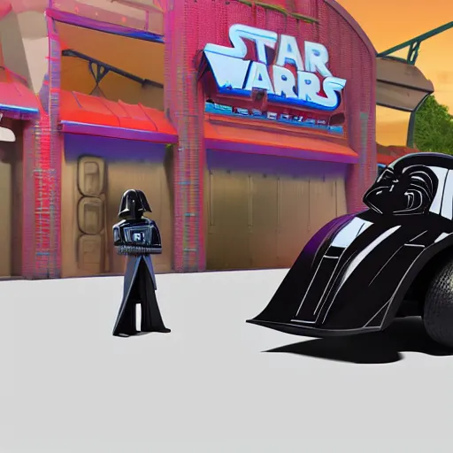 Prompt: darth vader playing bumper cars in a theme park, 3 d render, blender, unreal engine, unity, zbrush