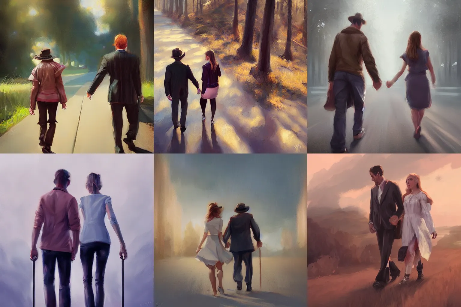 Prompt: a man and a woman walking side by side, character portrait by Mandy Jurgens