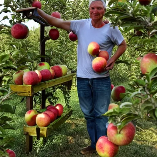 Image similar to a man holding 25 apples in his left hand while standing on a ladder in an orchard