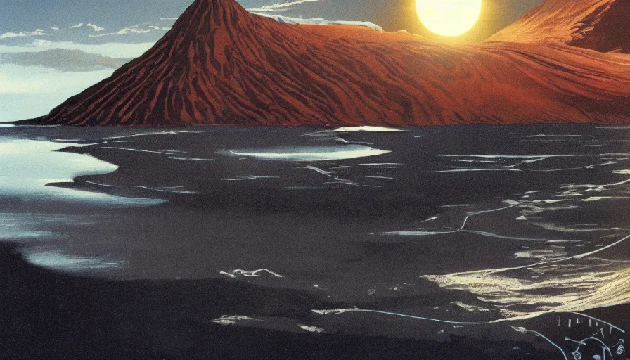 Image similar to solar eclipse in iceland, black sand, water, one tree, syd mead, bright, solarpunk, art station