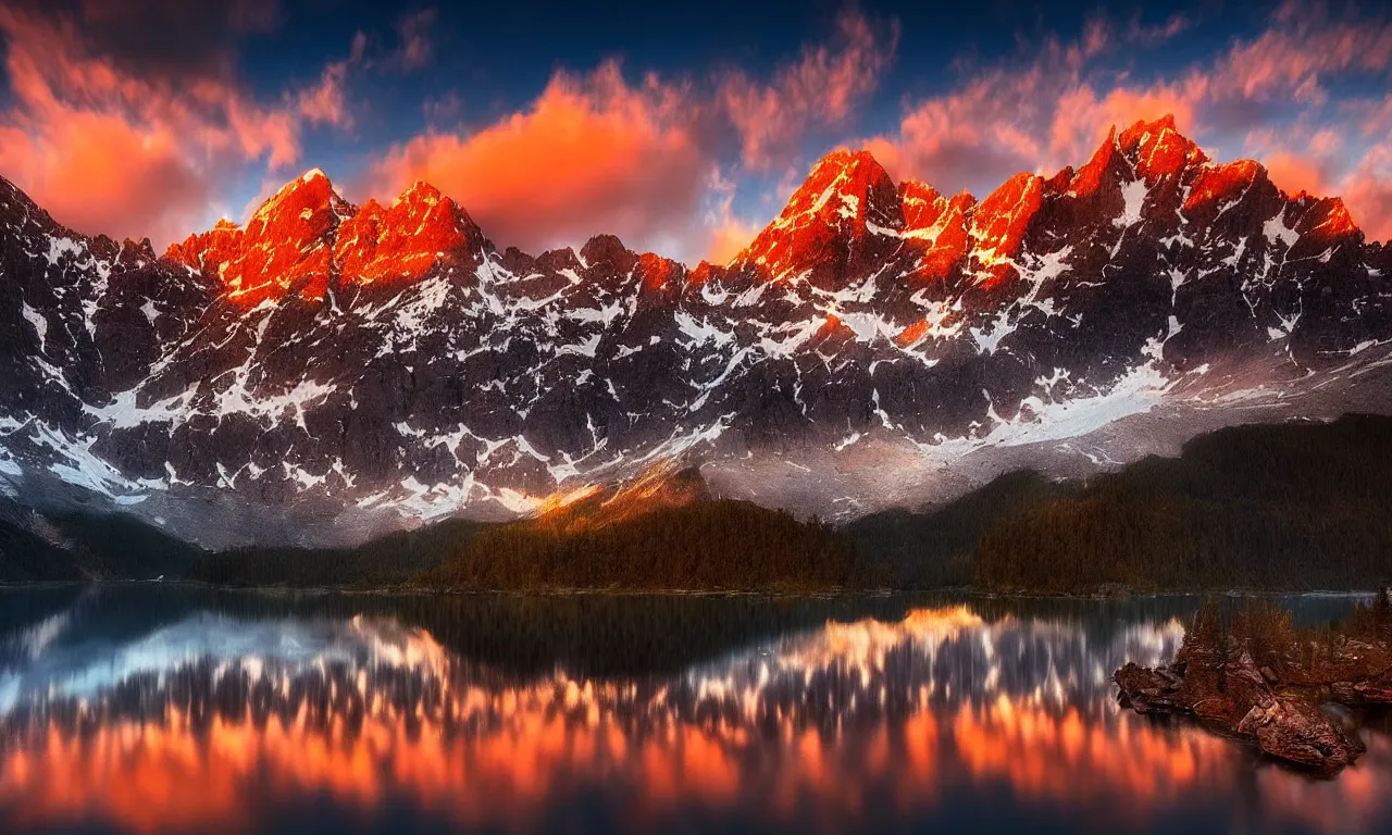 Image similar to amazing landscape photo of mountains with lake in sunset by marc adamus, beautiful dramatic lighting