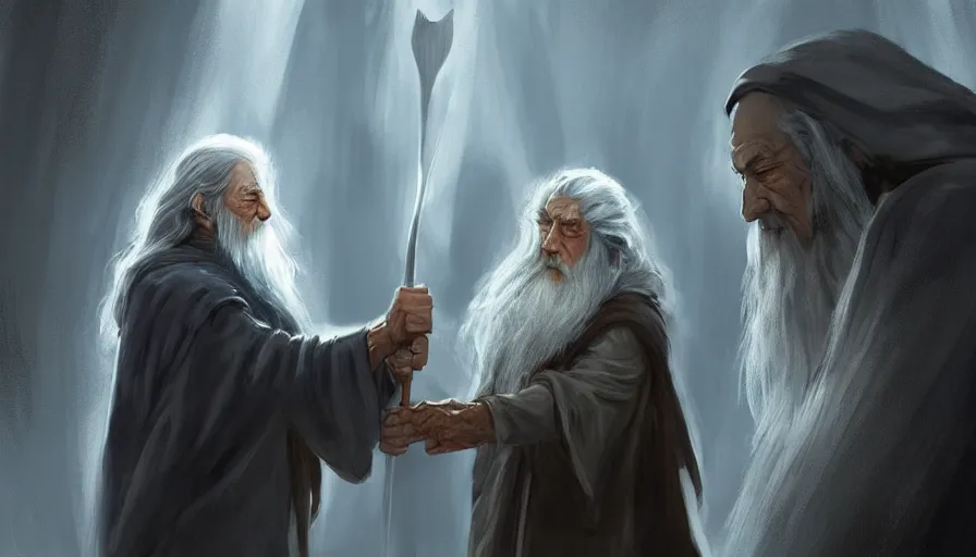 Prompt: concept art of gandalf giving frodo the one ring jama jurabaev, brush hard, artstation, high quality, brush stroke, soft lighting