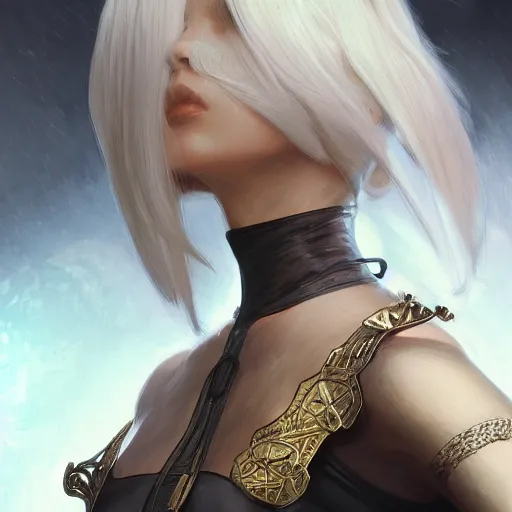 Image similar to closeup of 2B from NieR Automata, D&D, fantasy, intricate, elegant, highly detailed, digital painting, artstation, concept art, matte, sharp focus, illustration, hearthstone, art by Artgerm and Greg Rutkowski and Alphonse Mucha