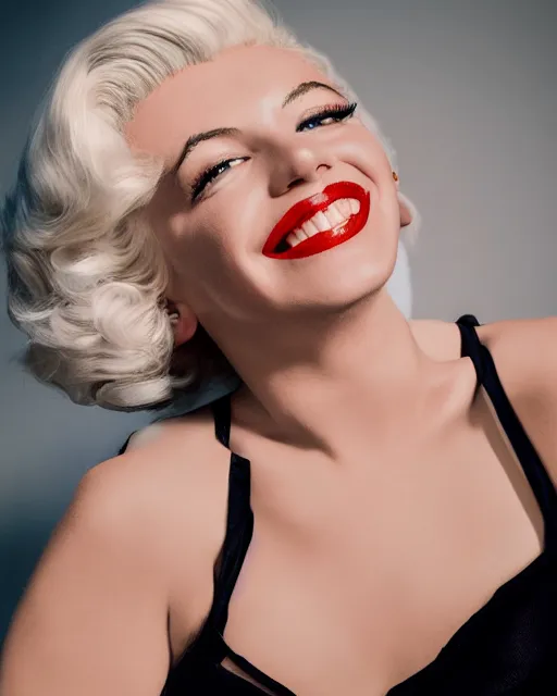 Prompt: Beautiful Head and shoulders portrait of smiling flirty Marilyn monroe with platinum blonde hair, wearing a camisole by alberto Vargas, arney freytag, artstation, 35mm, fashion photoshoot, laying on a bed in a photo studio, golden hour, bokeh, rim lighting, fashion pose, octane, 4k