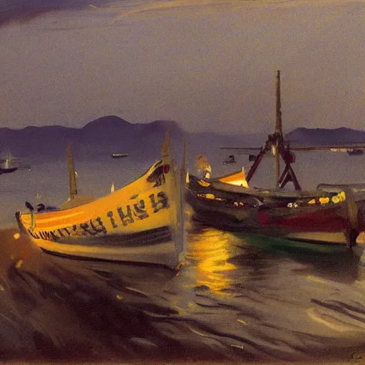 Prompt: the lights in the fishing boats at anchor there, as the night descended, tilting in the air, mastered the night and portioned out the sea, fixing emblazoned zones and fiery poles, arranging, deepening, enchanting night. by john singer sargent - w 8 9 6 - n 4